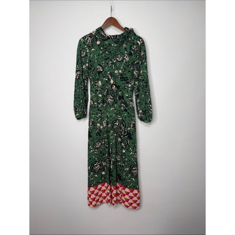 Topshop Green Floral Long Sleeve Midi Dress Size 0